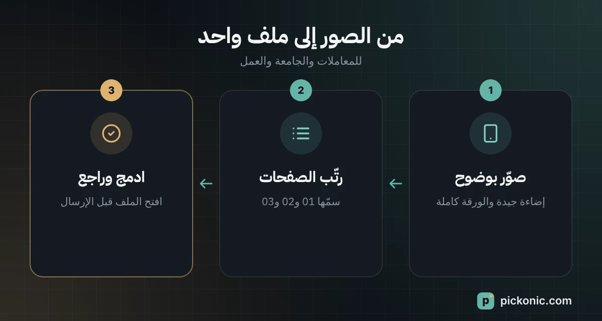ثلاث خطوات من صور الجوال إلى ملف PDF واحد: صوّر بوضوح، رتّب الصفحات، ادمج وراجع