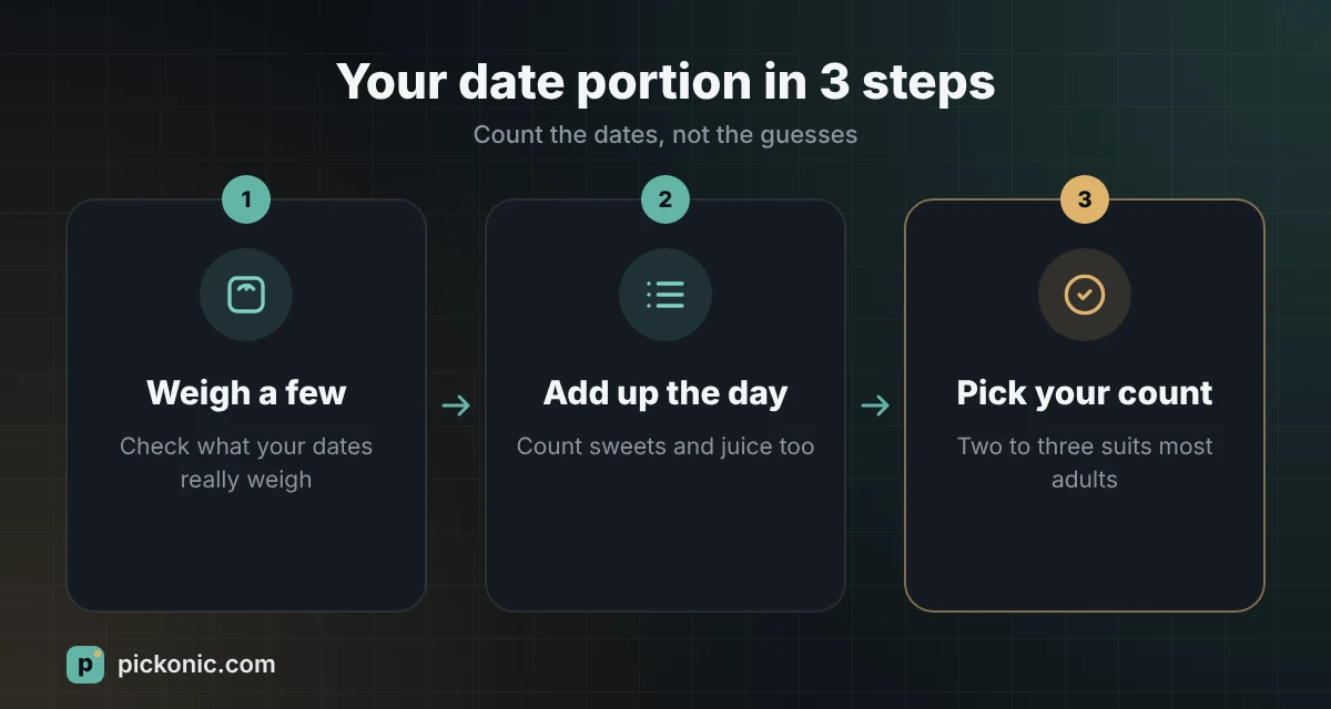 Three steps to a sensible daily portion of dates: weigh a few, add up your day, pick your count