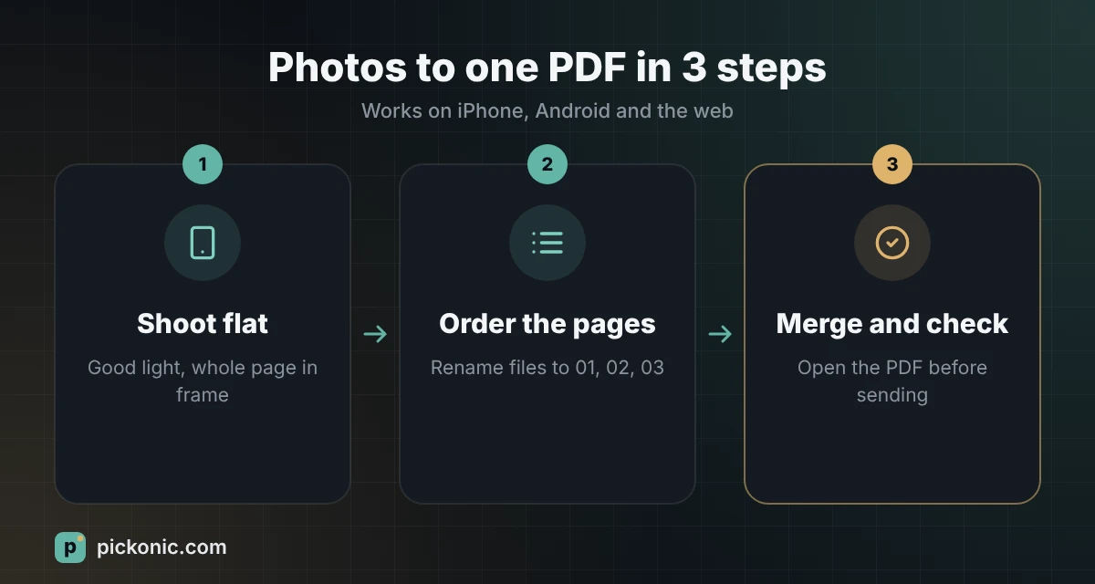 Three steps from phone photos to one PDF: shoot flat, order the pages, merge and check