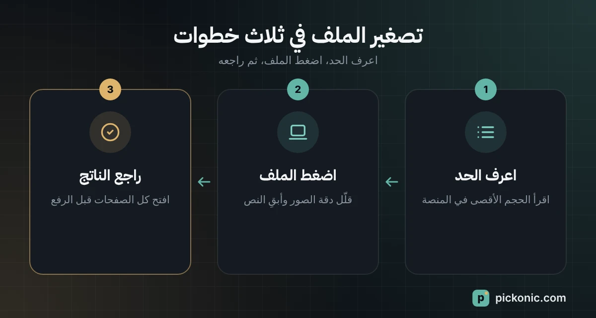 ثلاث خطوات لتصغير ملف PDF: اعرف الحد، اضغط الملف، راجع الناتج