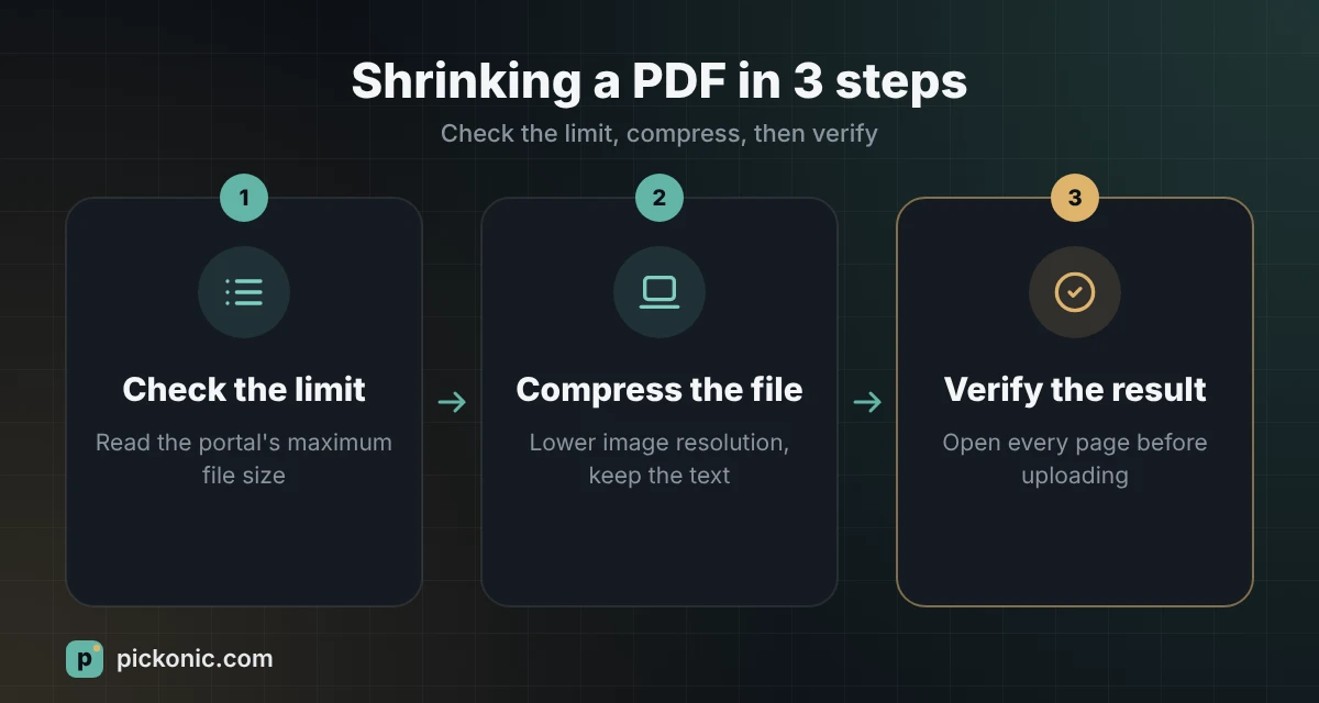 Shrinking a PDF in three steps: check the upload limit, compress the file, verify every page